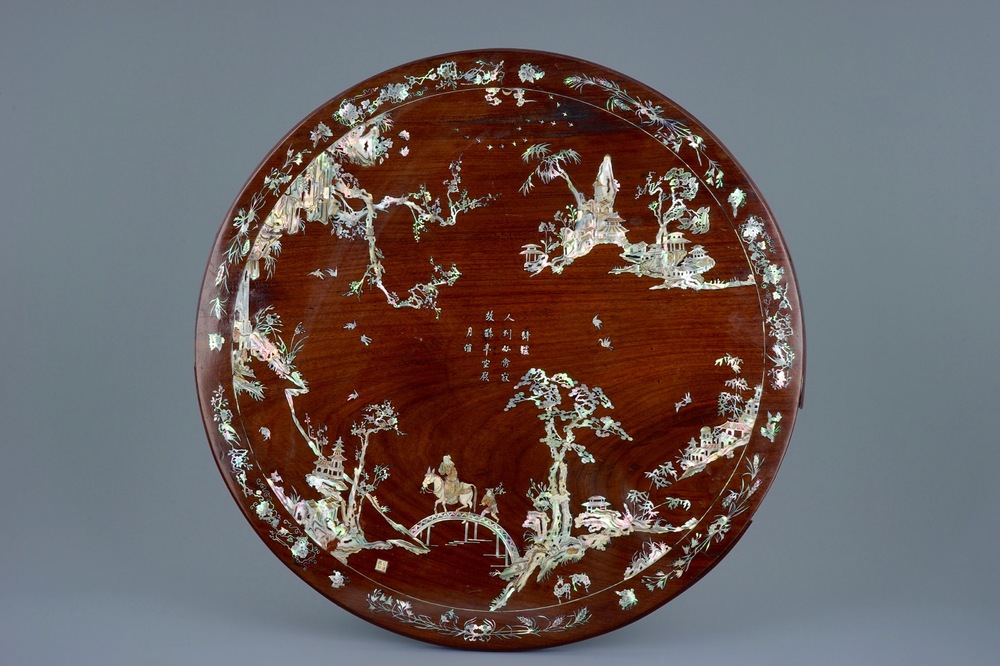 A round Vietnamese mother-of-pearl inlaid wood panel for the Chinese market, 19th C.